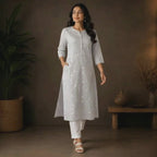 Revanta Off-White Cotton Slub Kurta – Subtle Thread-Work Vine Pattern – Contemporary Chic