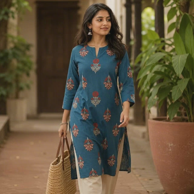 Anvita Teal Blue Cotton Kurta Featuring All-Over Floral Motifs