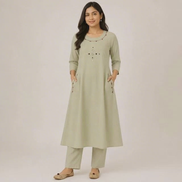 Revanta Light Beige Dhabu Cotton Kurta & Pant Set – Original Glass Work 2 side pocket – Chic Casual Ethnic Wear