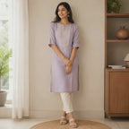 Revanta Light Lavender Straight Rayon Kurta – Chinese Collar, Embroidery & Sequence Work Yoke – Elegant Ethnic Wear
