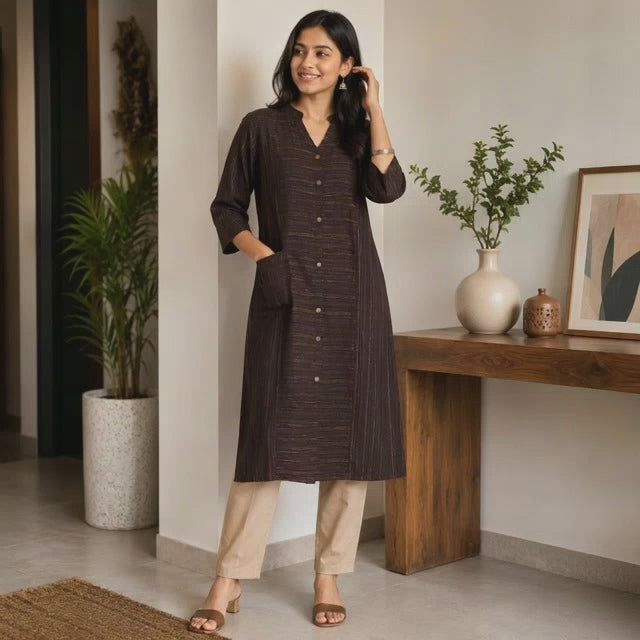 Revanta Coffee Brown Rayon Kurta – Half Chinese Collar & Woven Design – Elegant Ethnic Wear