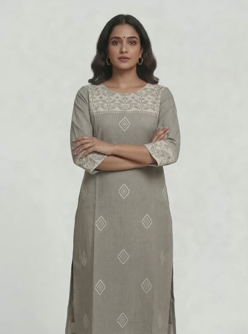 Anvita Ash Cotton Slub Kurta – Embroidered Yoke & Delicate Diamond Motif – Minimalist Chic