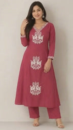 Revanta Dark Peach Vertican Kurta Palazzo Set Featuring V-Neck and Elegant Embroidery on the Neck, Body & Sleeves
