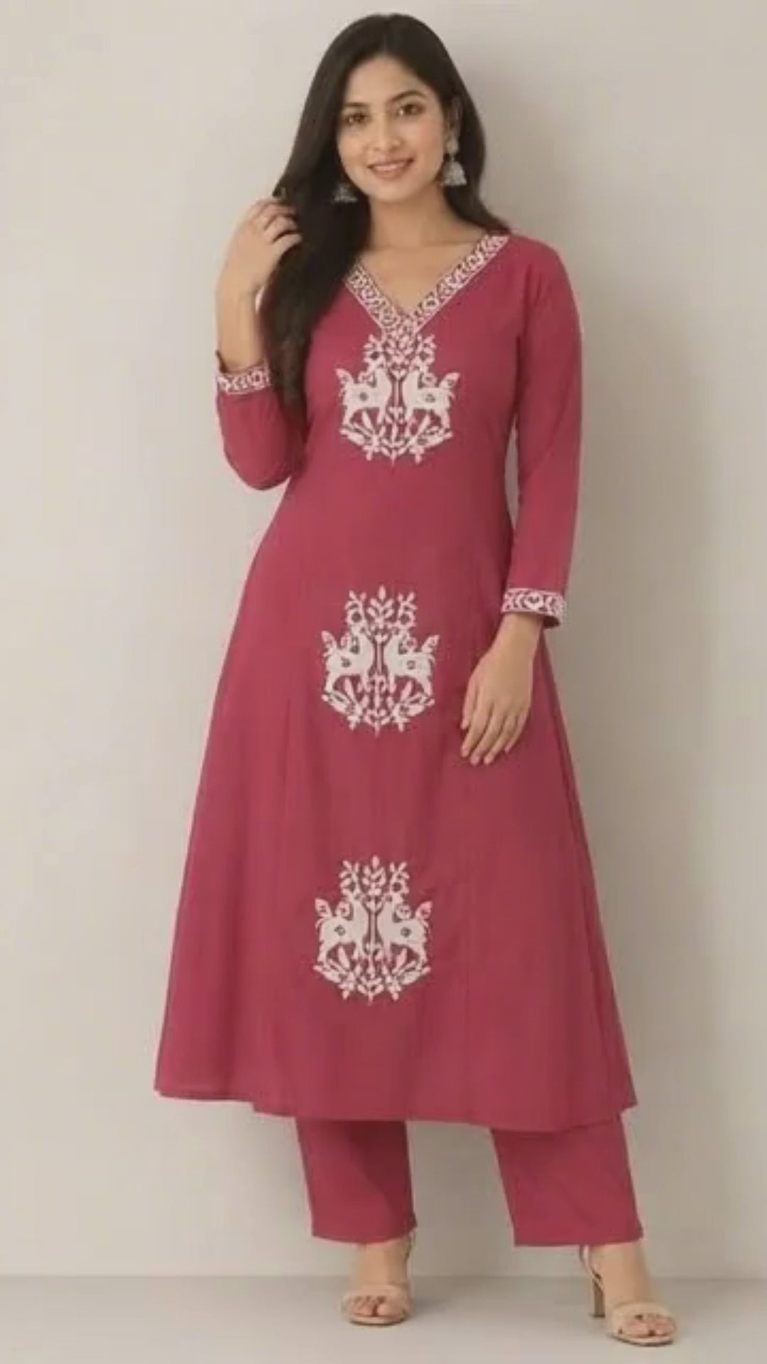 Revanta Dark Peach Vertican Kurta Palazzo Set Featuring V-Neck and Elegant Embroidery on the Neck, Body & Sleeves