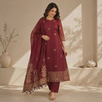 Revanta Maroon Jamdhani Cotton Kurta Set – Elegant Heritage Suit with Dupatta