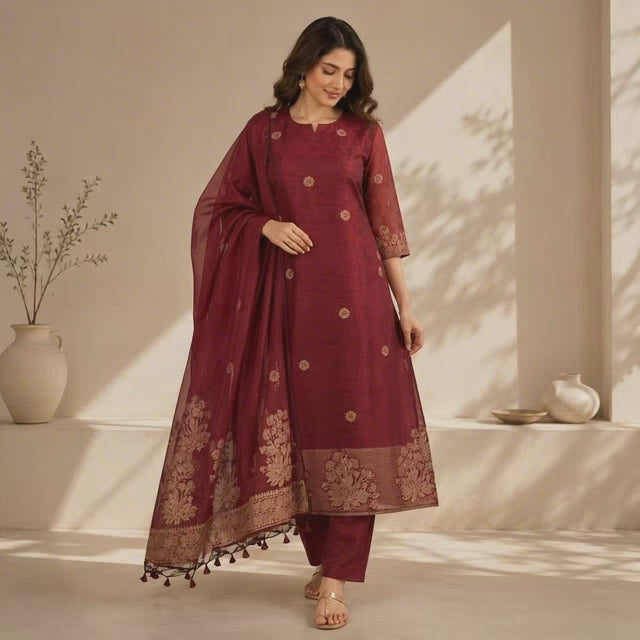 Revanta Maroon Jamdhani Cotton Kurta Set – Elegant Heritage Suit with Dupatta