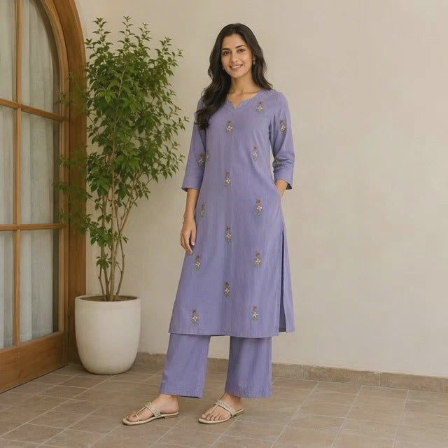 Revanta Lavender Malchanderi Straight Kurta Co-ord Set – Floral Embroidery & Inner Lining – Elegant Festive Wear