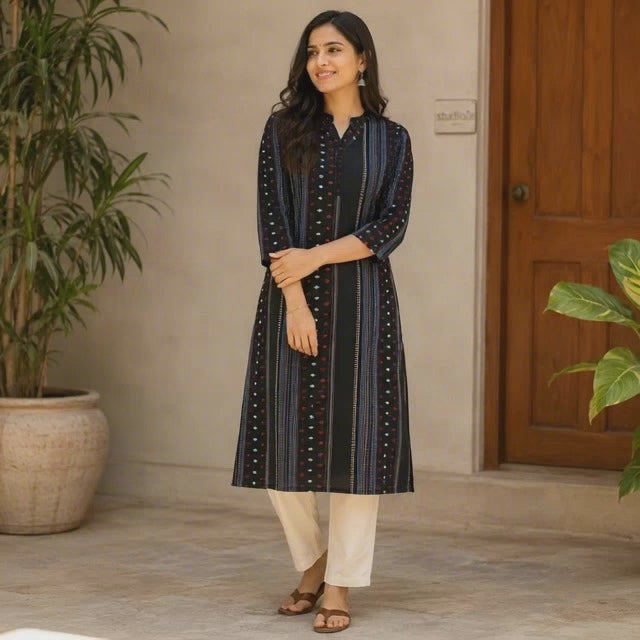 Revanta-Black Handloom Cotton Kurta with Lining, All-Over Jacquard & Butta Work, and a Chinese Collar