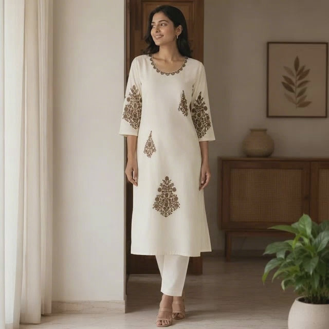 Revanta OffWhite Roman Silk Coord Set - Brown Embroidery on Neck, Body and Sleeves Along with Sequence, Straight Pants