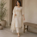 Revanta Cream Muslin Silk 3-Piece Suit – Embroidered & Sequined Yoke with Scallop Cutwork Dupatta – Elegant Festive Wear