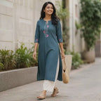 Anvita Greyish Blue Chinese Collar Straight Cotton Kurta with Embroidery on Yoke & Sleeves