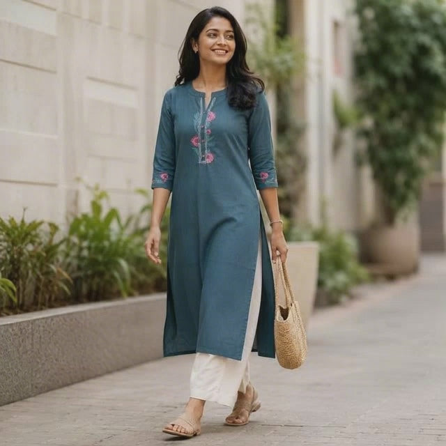Anvita Greyish Blue Chinese Collar Straight Cotton Kurta with Embroidery on Yoke & Sleeves