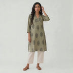 Revanta Light Olive Green Cotton Kurti -VNeck & traditional Motiffs