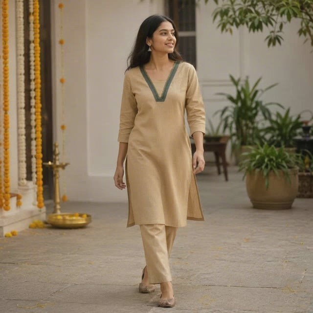 Revanta Sandal Handloom Cotton Kurta – Jacquard Patti Neck Detail & Inner Lining– Elegant Ethnic Wear
