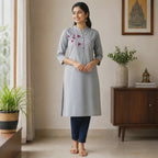 Revanta Cream A-Line Cotton Kurta – Mandarin Collar, Floral Print & Convenient Side Pocket – Elegant Ethnic Wear