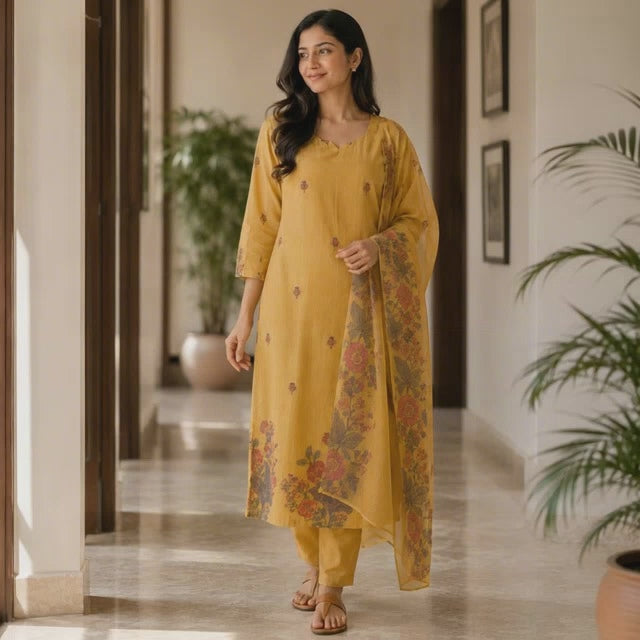 Revanta Golden Mustard Yellow Jamdani 3-Piece Suit – Floral Buti Motifs on Kurta & Dupatta – Elegant Festive Wear