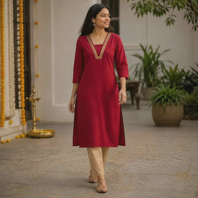 Revanta Dark Red Handloom Cotton Kurta – Jacquard Patti Neck Detail & Inner Lining – Elegant Ethnic Wear