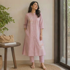 Revanta Rayon Dusty Pink A-Line Co-ord Set with Pocket – Mandarin Collar & Stylish Front Slit – Chic Ethnic Wear