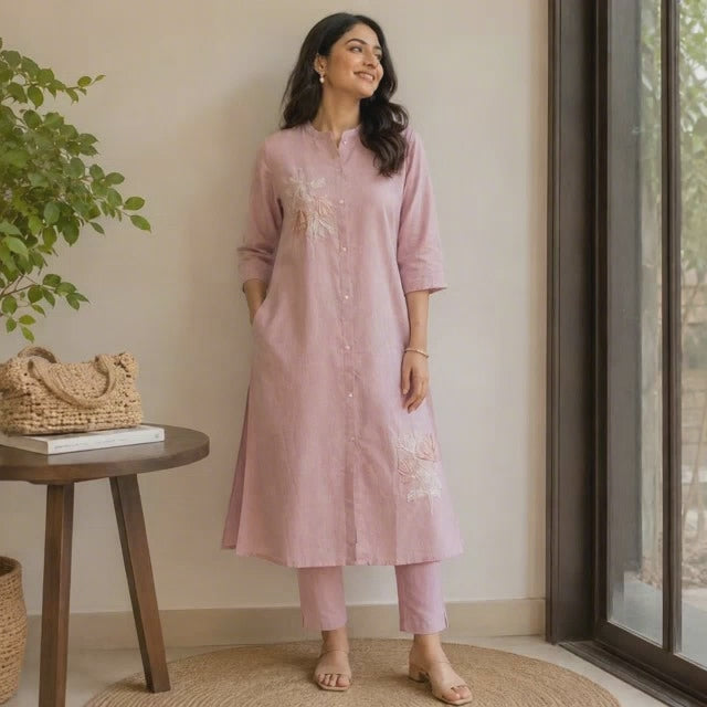 Revanta Rayon Dusty Pink A-Line Co-ord Set with Pocket – Mandarin Collar & Stylish Front Slit – Chic Ethnic Wear