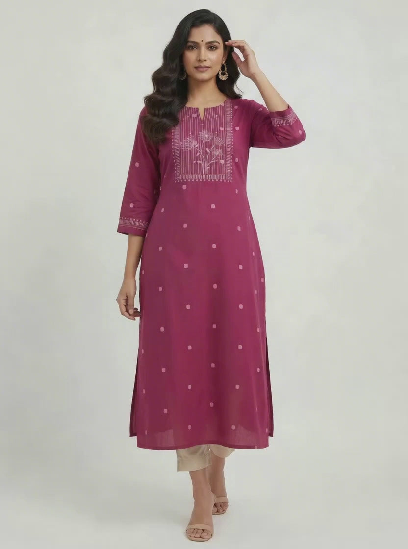 Anvita Dark Pink Cotton Slub Kurta – Elegant Printed Yoke & Delicate Butti Motifs