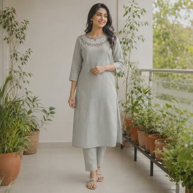 Revanta Silver Grey Berlin Silk Kurta – Side Slit Embroidery, Bead Work & Net Neck Detail – Elegant Ethnic Wear