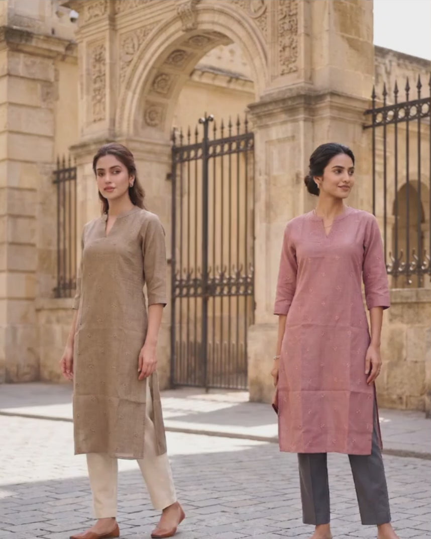 Semi-Jute Silk Blend Straight Kurta with Embroidered Notched Neck & 3/4 Sleeves