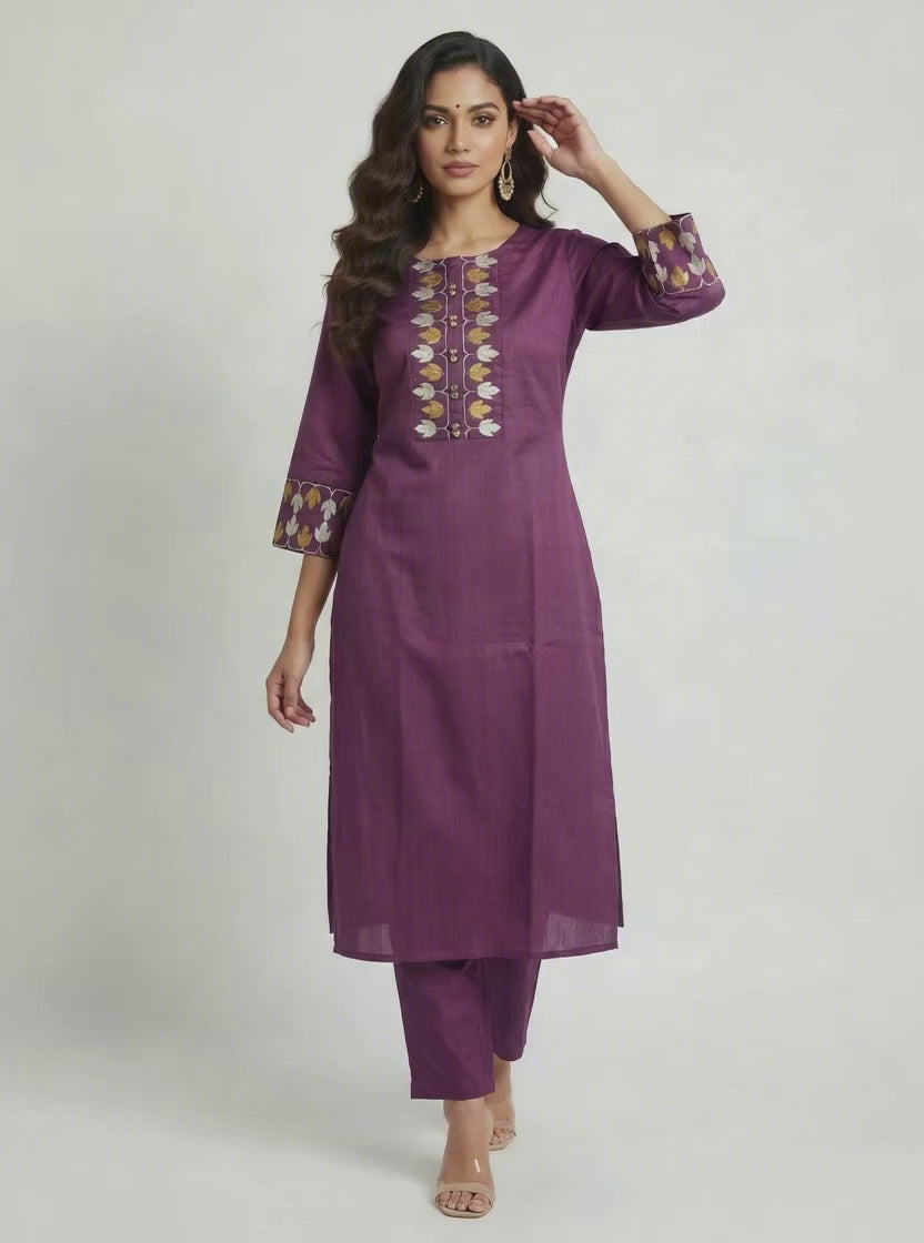 Anvita Plum Purple Cotton Slub Kurta – Embroidered Leaf Yoke Coord Set