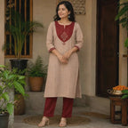 Anvita Beige Straight Cotton Kurta with Maroon Yoke Design & Glass Work