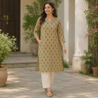 Revanta Cotton Cream Aline Kuta with Chineese collar with one side pocket  with floral prints