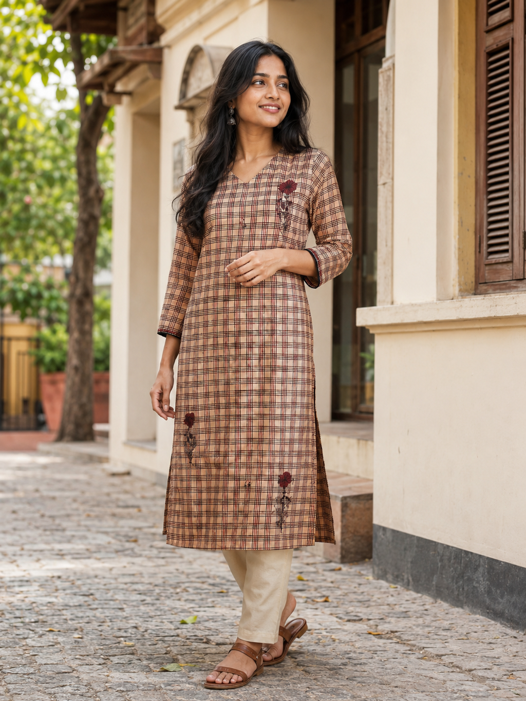 Anvita Cream & Maroon Checked Cotton Straight Kurta with Floral Print