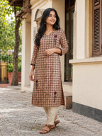 Anvita Cream & Maroon Checked Cotton Straight Kurta with Floral Print
